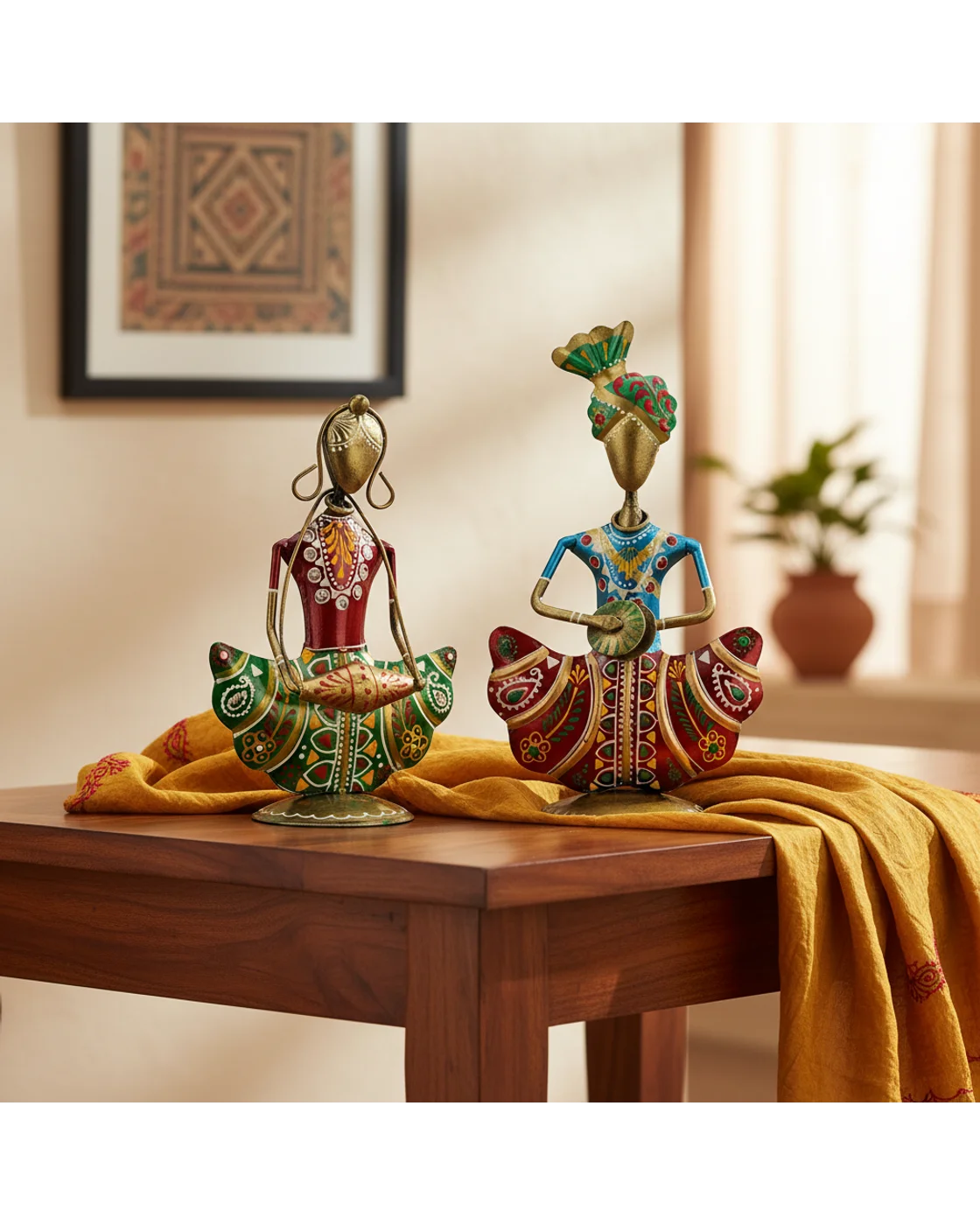 Handcrafted Metal Indian Musician Couple Home Decor Figurines Set