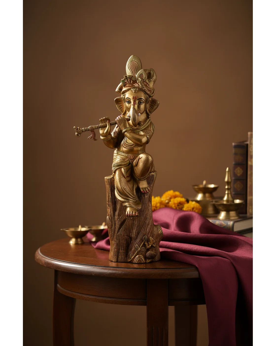 Brass Ganesh Statue Baby Flute Idol: Home Temple Decor - Hindu Statues