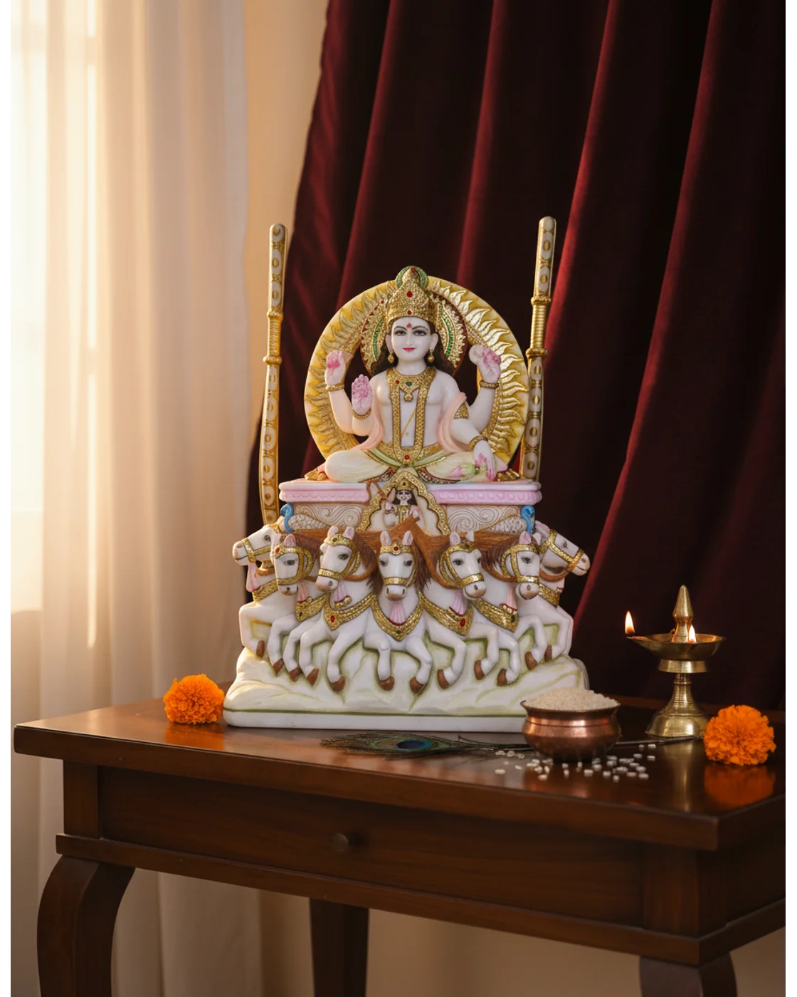Hand-Carved Makrana Marble Suryadev Statue with Horses, 16 Inches - Hindu Statues