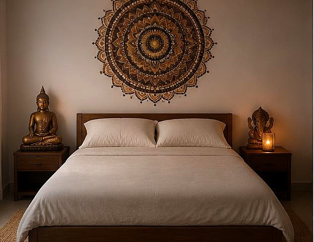 A serene bedroom styled with a brass Buddha and a mandala wall hanging