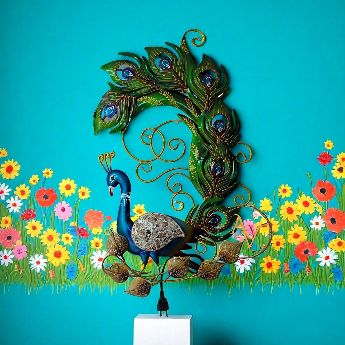 Vibrant handcrafted peacock wall art in colourful enamel finish