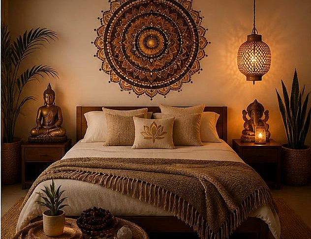 A warm, intentionally styled bedroom anchored by handcrafted brass pieces and mandala wall art