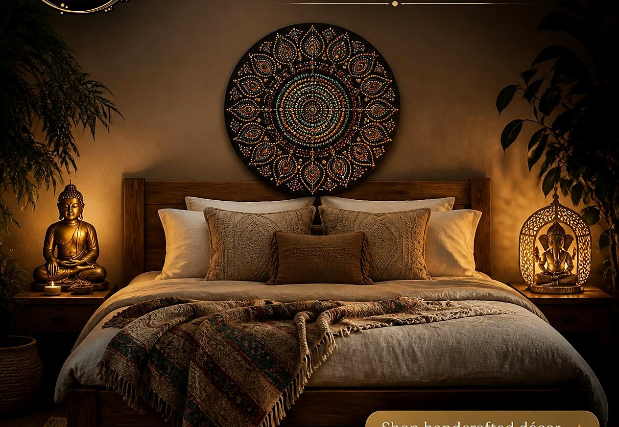 Sacred bedroom with mandala wall art and a glowing brass Buddha meditation statue
