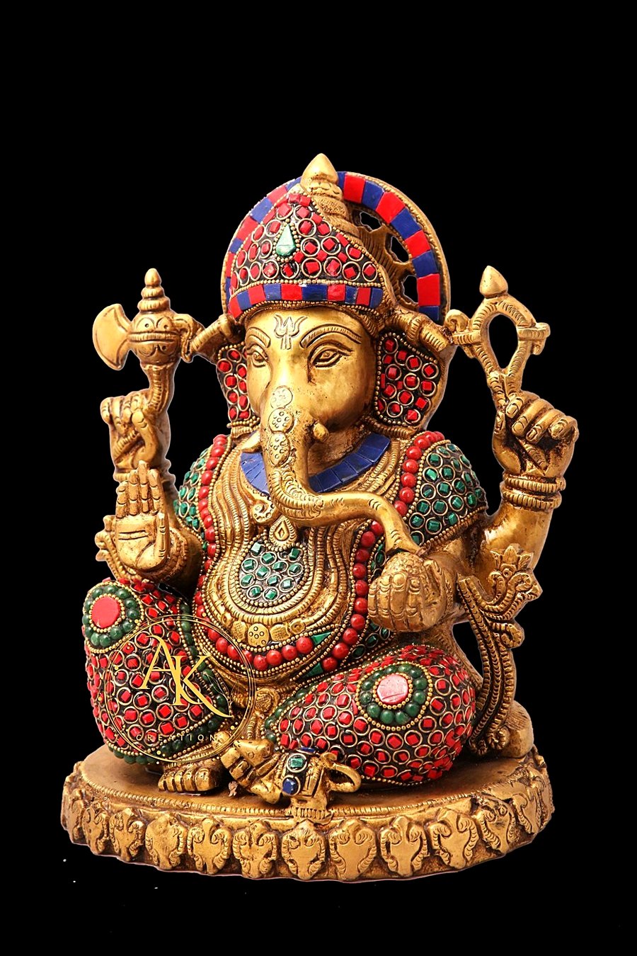 Colourful hand-set stone inlay brass Ganesha idol
