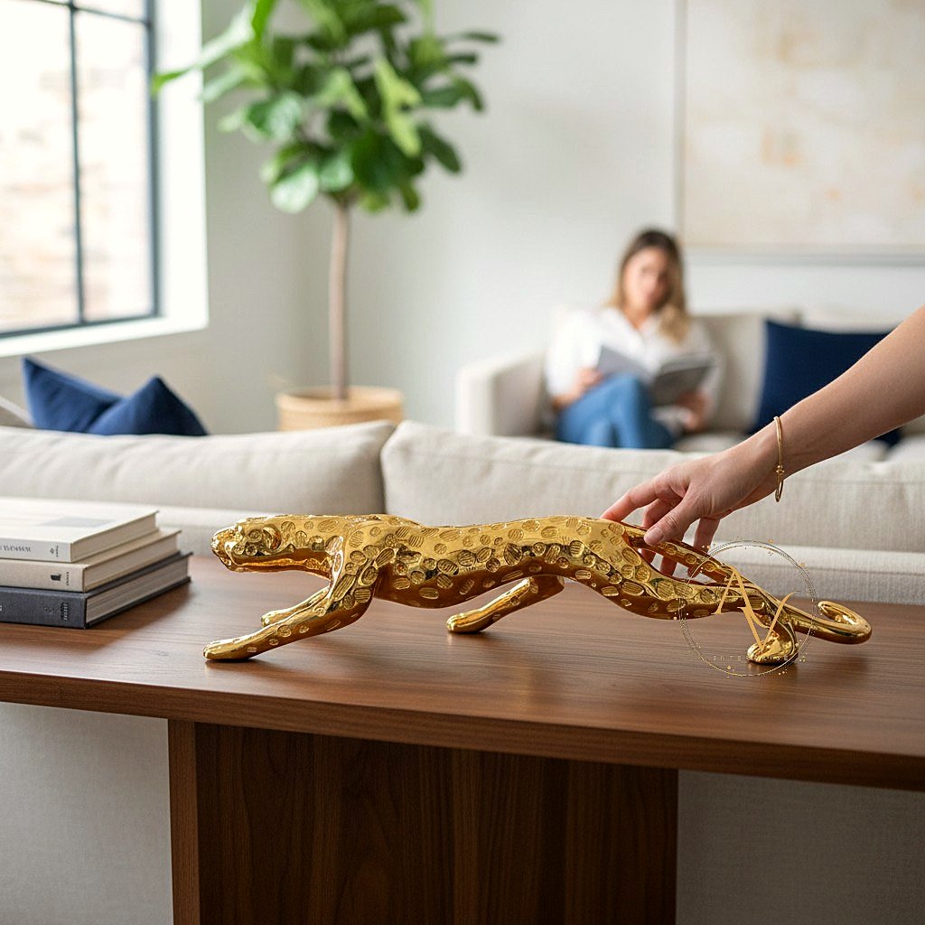 Intentionally styled living room with a brass leopard sculpture as focal point